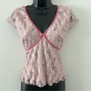 Y2K Pink Floral Lace Babydoll Top Size L Coquette Fairy Feminine Romantic NWOT